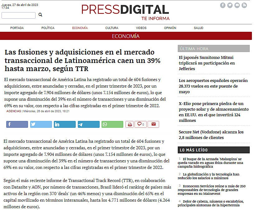 Las fusiones y adquisiciones en el mercado transaccional de Latinoamrica caen un 39% hasta marzo, segn TTR